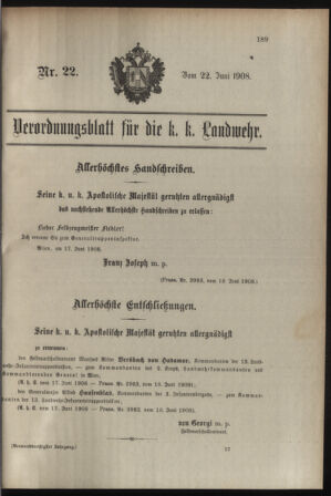 Verordnungsblatt für die Kaiserlich-Königliche Landwehr 19080622 Seite: 1