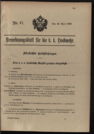 Verordnungsblatt für die Kaiserlich-Königliche Landwehr 19090428 Seite: 1