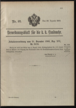 Verordnungsblatt für die Kaiserlich-Königliche Landwehr 19091224 Seite: 1