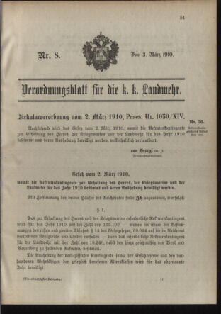 Verordnungsblatt für die Kaiserlich-Königliche Landwehr 19100303 Seite: 1