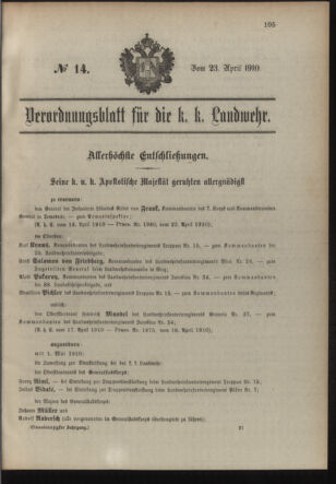 Verordnungsblatt für die Kaiserlich-Königliche Landwehr 19100423 Seite: 1