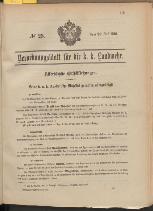 Verordnungsblatt für die Kaiserlich-Königliche Landwehr 19100728 Seite: 1