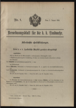 Verordnungsblatt für die Kaiserlich-Königliche Landwehr 19110107 Seite: 1