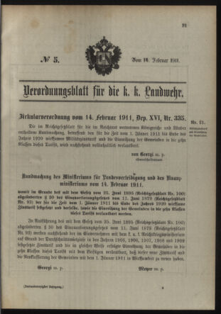 Verordnungsblatt für die Kaiserlich-Königliche Landwehr 19110214 Seite: 1