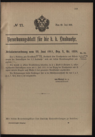 Verordnungsblatt für die Kaiserlich-Königliche Landwehr 19110719 Seite: 1