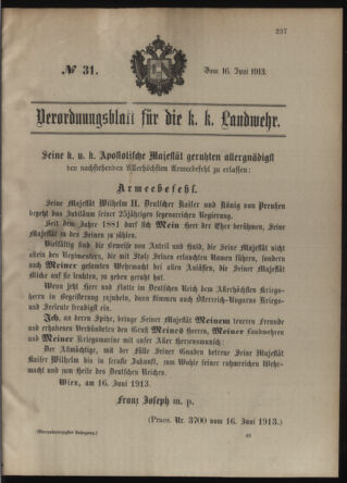 Verordnungsblatt für die Kaiserlich-Königliche Landwehr 19130616 Seite: 1