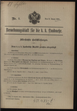 Verordnungsblatt für die Kaiserlich-Königliche Landwehr 19140103 Seite: 1