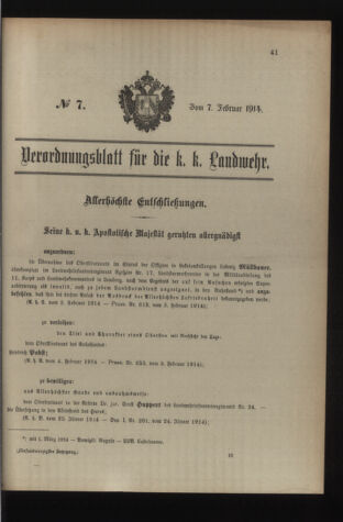 Verordnungsblatt für die Kaiserlich-Königliche Landwehr 19140207 Seite: 1