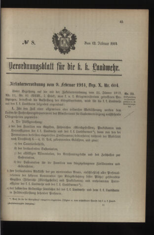 Verordnungsblatt für die Kaiserlich-Königliche Landwehr 19140213 Seite: 1