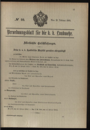 Verordnungsblatt für die Kaiserlich-Königliche Landwehr 19140221 Seite: 1