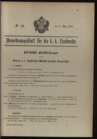 Verordnungsblatt für die Kaiserlich-Königliche Landwehr 19140307 Seite: 1