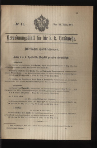 Verordnungsblatt für die Kaiserlich-Königliche Landwehr 19140328 Seite: 1