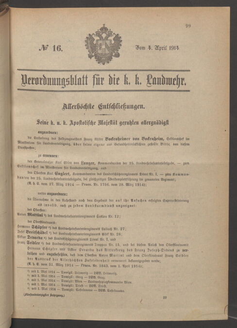 Verordnungsblatt für die Kaiserlich-Königliche Landwehr 19140404 Seite: 1