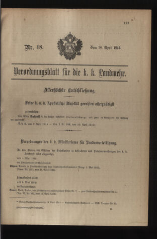 Verordnungsblatt für die Kaiserlich-Königliche Landwehr 19140418 Seite: 1