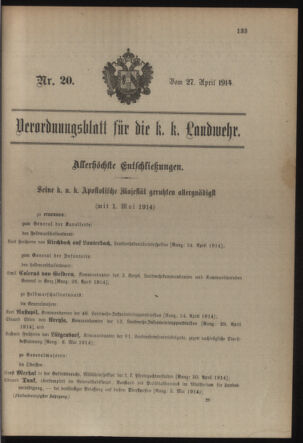 Verordnungsblatt für die Kaiserlich-Königliche Landwehr 19140427 Seite: 1