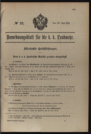 Verordnungsblatt für die Kaiserlich-Königliche Landwehr 19140627 Seite: 1