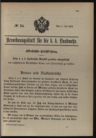 Verordnungsblatt für die Kaiserlich-Königliche Landwehr 19140705 Seite: 1