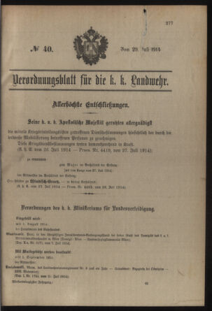 Verordnungsblatt für die Kaiserlich-Königliche Landwehr 19140729 Seite: 1