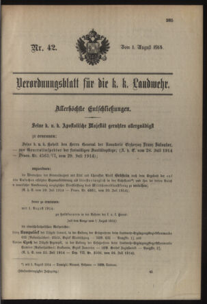 Verordnungsblatt für die Kaiserlich-Königliche Landwehr 19140801 Seite: 1