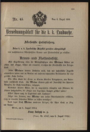 Verordnungsblatt für die Kaiserlich-Königliche Landwehr 19140806 Seite: 1