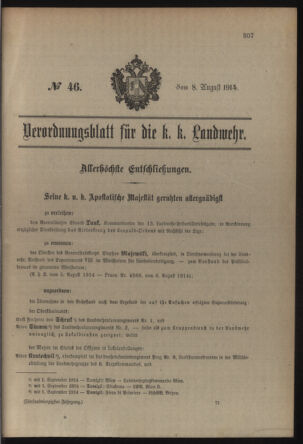 Verordnungsblatt für die Kaiserlich-Königliche Landwehr 19140808 Seite: 1