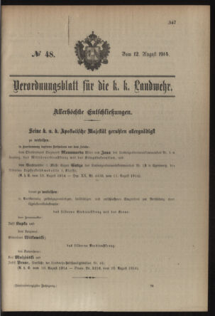 Verordnungsblatt für die Kaiserlich-Königliche Landwehr 19140812 Seite: 1