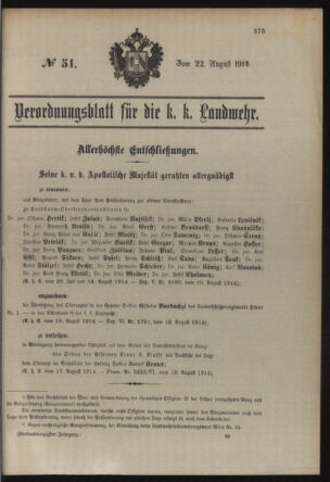 Verordnungsblatt für die Kaiserlich-Königliche Landwehr 19140822 Seite: 1