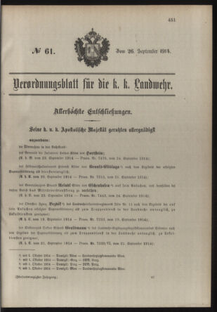 Verordnungsblatt für die Kaiserlich-Königliche Landwehr 19140926 Seite: 1