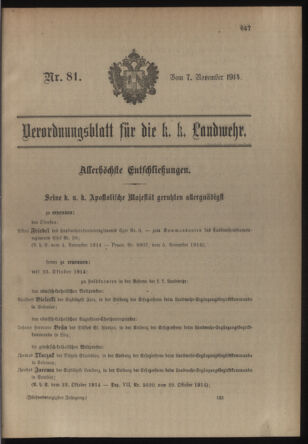 Verordnungsblatt für die Kaiserlich-Königliche Landwehr 19141107 Seite: 1