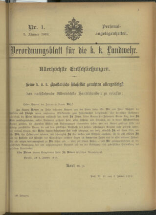 Verordnungsblatt für die Kaiserlich-Königliche Landwehr 19180105 Seite: 1