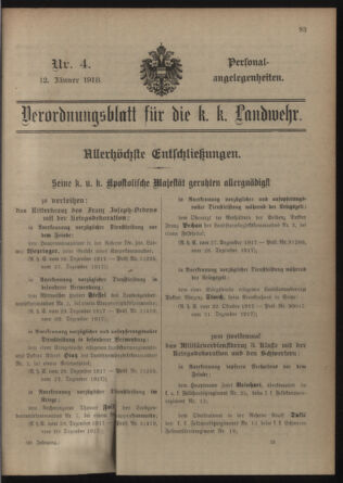 Verordnungsblatt für die Kaiserlich-Königliche Landwehr 19180112 Seite: 1