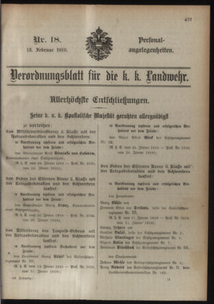 Verordnungsblatt für die Kaiserlich-Königliche Landwehr 19180213 Seite: 1