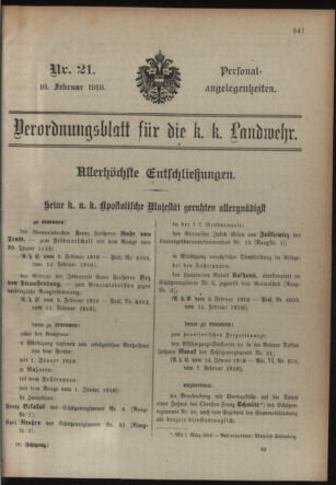 Verordnungsblatt für die Kaiserlich-Königliche Landwehr 19180216 Seite: 21