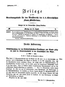 Verordnungsblatt für den Dienstbereich des K.K. Finanzministeriums für die im Reichsrate Vertretenen Königreiche und Länder 18640822 Seite: 1