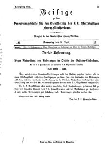 Verordnungsblatt für den Dienstbereich des K.K. Finanzministeriums für die im Reichsrate Vertretenen Königreiche und Länder 18650420 Seite: 1