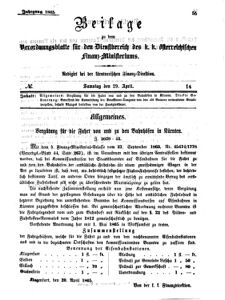 Verordnungsblatt für den Dienstbereich des K.K. Finanzministeriums für die im Reichsrate Vertretenen Königreiche und Länder 18650429 Seite: 1