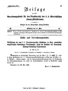 Verordnungsblatt für den Dienstbereich des K.K. Finanzministeriums für die im Reichsrate Vertretenen Königreiche und Länder 18650531 Seite: 1