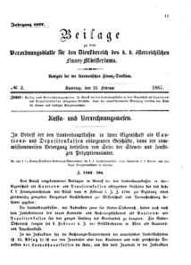 Verordnungsblatt für den Dienstbereich des K.K. Finanzministeriums für die im Reichsrate Vertretenen Königreiche und Länder 18670223 Seite: 1