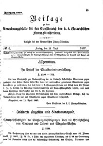 Verordnungsblatt für den Dienstbereich des K.K. Finanzministeriums für die im Reichsrate Vertretenen Königreiche und Länder 18670419 Seite: 1