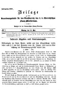 Verordnungsblatt für den Dienstbereich des K.K. Finanzministeriums für die im Reichsrate Vertretenen Königreiche und Länder 18670528 Seite: 1