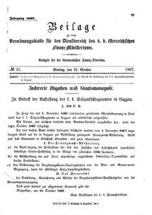 Verordnungsblatt für den Dienstbereich des K.K. Finanzministeriums für die im Reichsrate Vertretenen Königreiche und Länder 18671022 Seite: 1