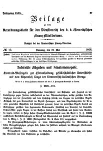 Verordnungsblatt für den Dienstbereich des K.K. Finanzministeriums für die im Reichsrate Vertretenen Königreiche und Länder 18680523 Seite: 1