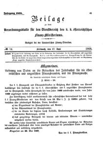 Verordnungsblatt für den Dienstbereich des K.K. Finanzministeriums für die im Reichsrate Vertretenen Königreiche und Länder 18680617 Seite: 1