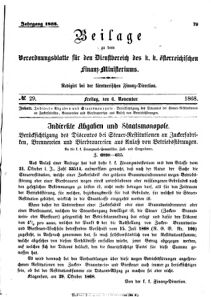 Verordnungsblatt für den Dienstbereich des K.K. Finanzministeriums für die im Reichsrate Vertretenen Königreiche und Länder 18681106 Seite: 1