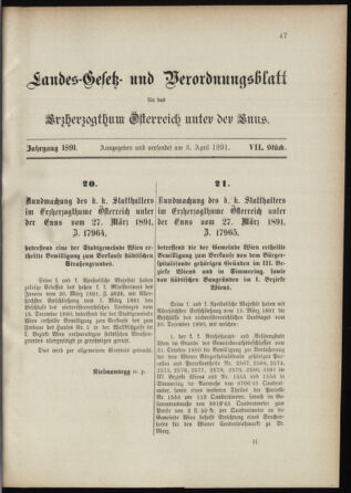 Landes-Gesetz- und Verordnungsblatt für Österreich unter der Enns 18910403 Seite: 1