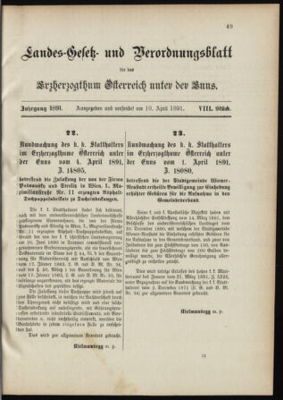 Landes-Gesetz- und Verordnungsblatt für Österreich unter der Enns 18910410 Seite: 1