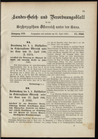 Landes-Gesetz- und Verordnungsblatt für Österreich unter der Enns 18910430 Seite: 1