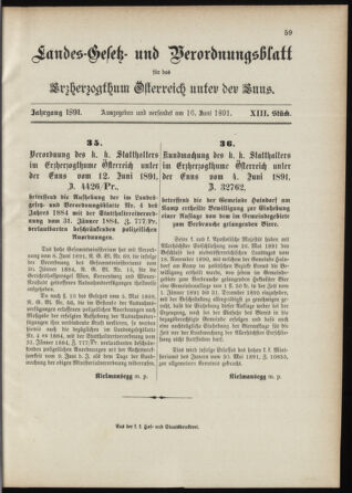 Landes-Gesetz- und Verordnungsblatt für Österreich unter der Enns 18910616 Seite: 1