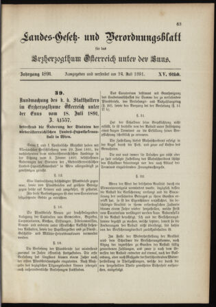 Landes-Gesetz- und Verordnungsblatt für Österreich unter der Enns 18910724 Seite: 1