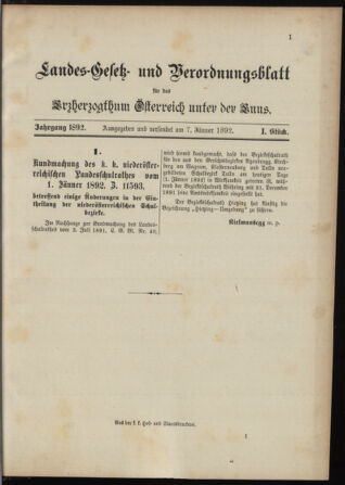 Landes-Gesetz- und Verordnungsblatt für Österreich unter der Enns 18920107 Seite: 1